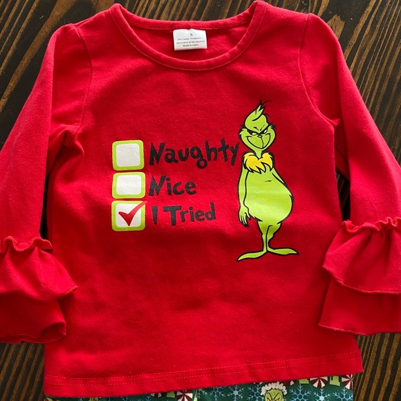 Grinch Christmas Top and Festive Bell Bottom Pants Set, girls size S (2T) - Picture 4 of 7